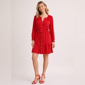 Few Moda Red Cotton Front Button Gauze Shirt Dress Boho Belt Sz Lg NWT
